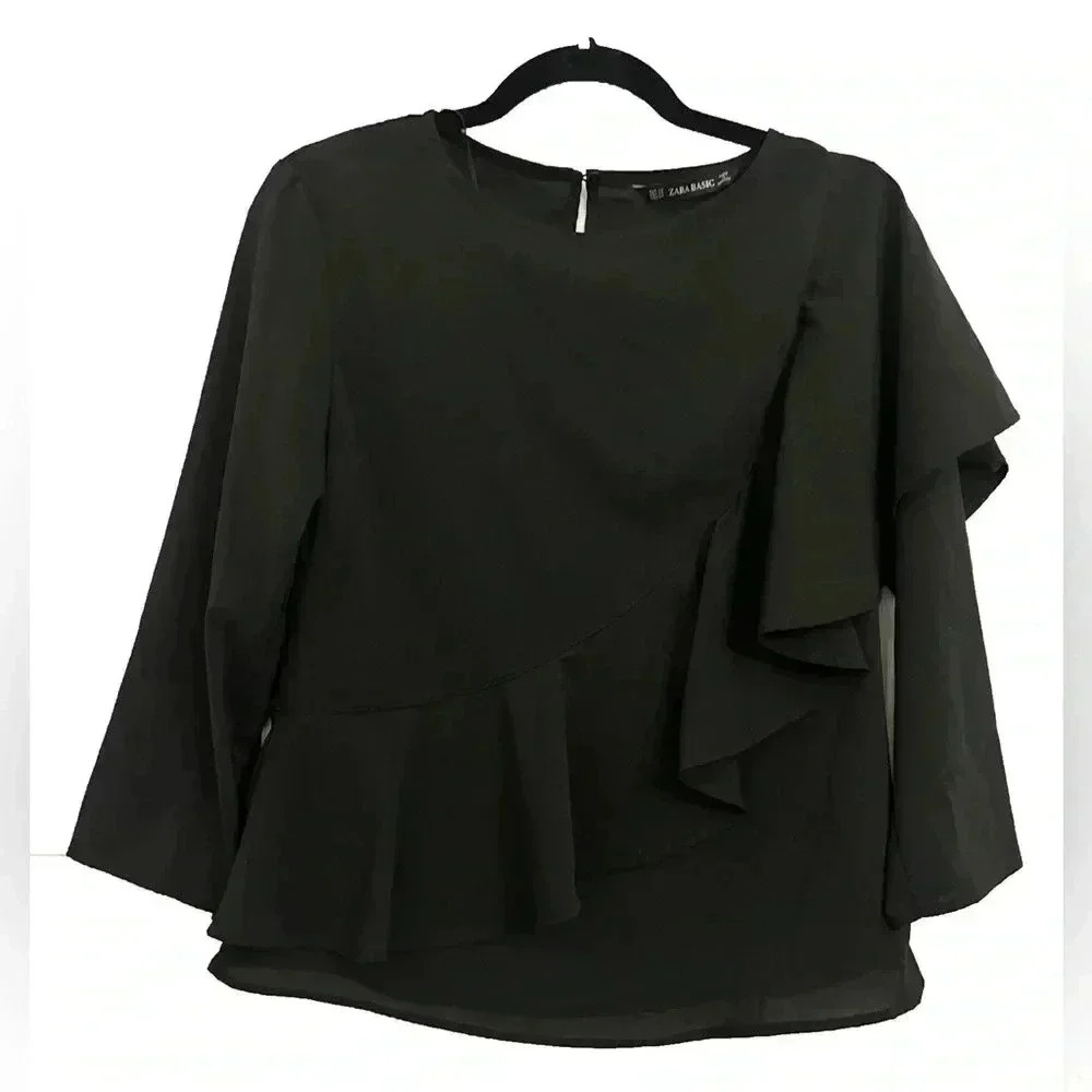 Zara Basic Black Ruffle Blouse Size XS‎